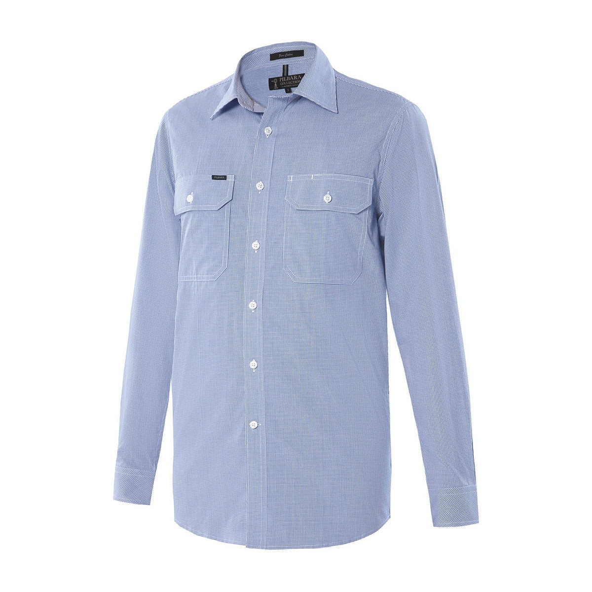 Pilbara Mens Yarn Dyed Check Dual Pocket Long Sleeve Shirt RMPC063 in Blue/White Mini Check