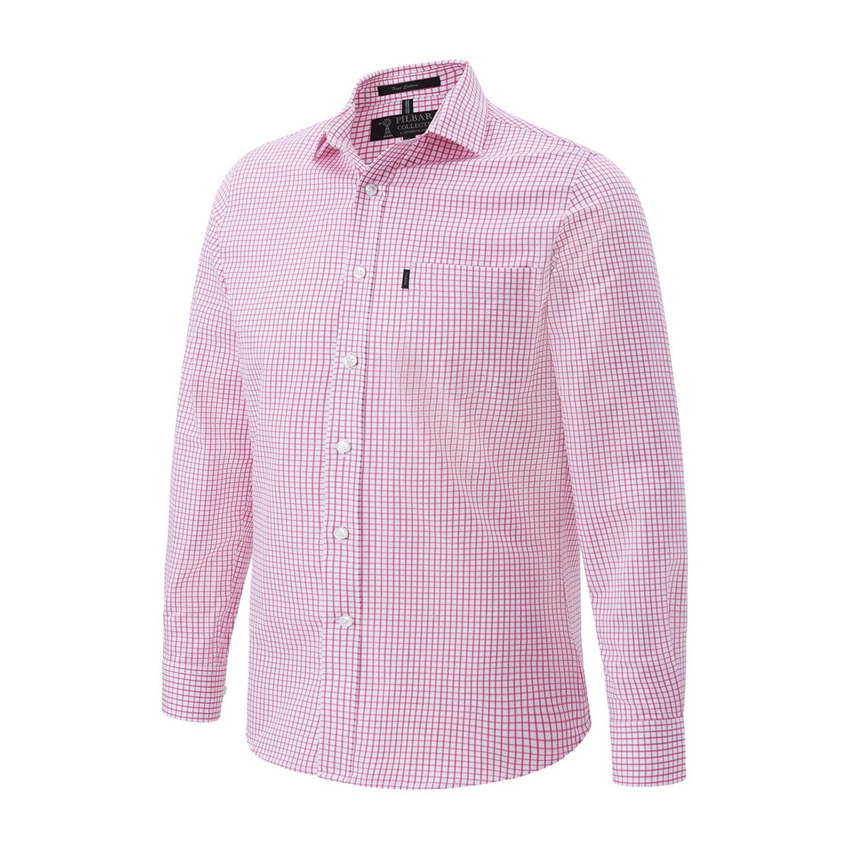 Pilbara Mens Yarn Dyed Check Single Pocket Long Sleeve Shirt RMPC114 in Pink/White