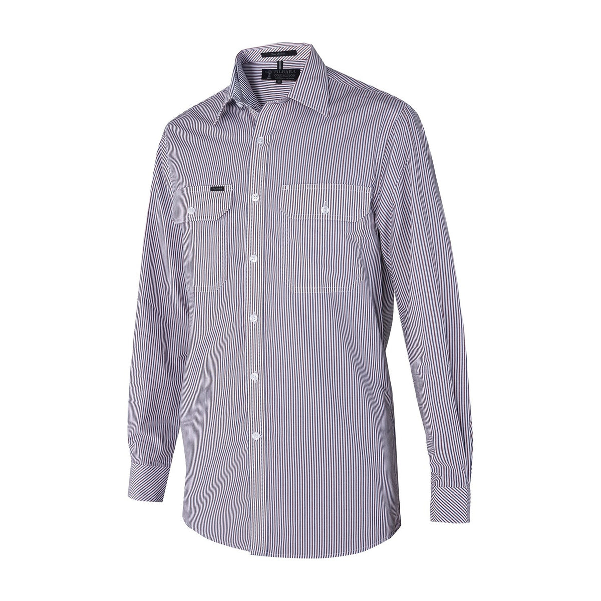 Pilbara Mens Yarn Dyed Stripe Dual Pocket Long Sleeve Shirt RMPC058 in Maroon/Navy/White Stripe