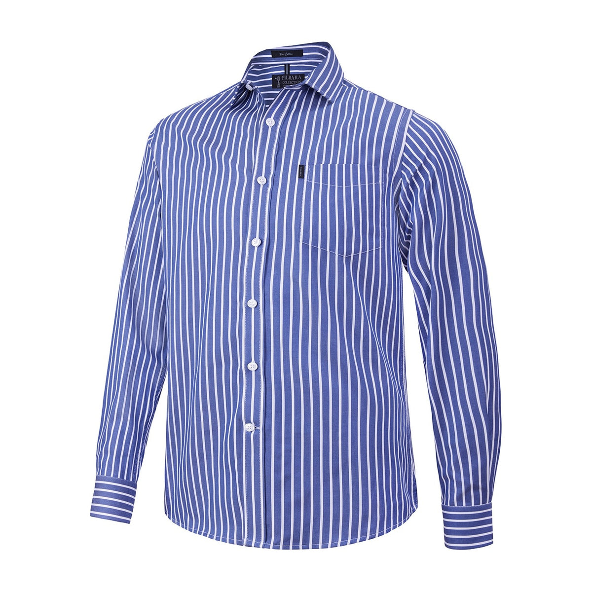 Pilbara Mens Yarn Dyed Stripe Single Pocket Long Sleeve Shirt RMPC135 in Navy/White Stripe
