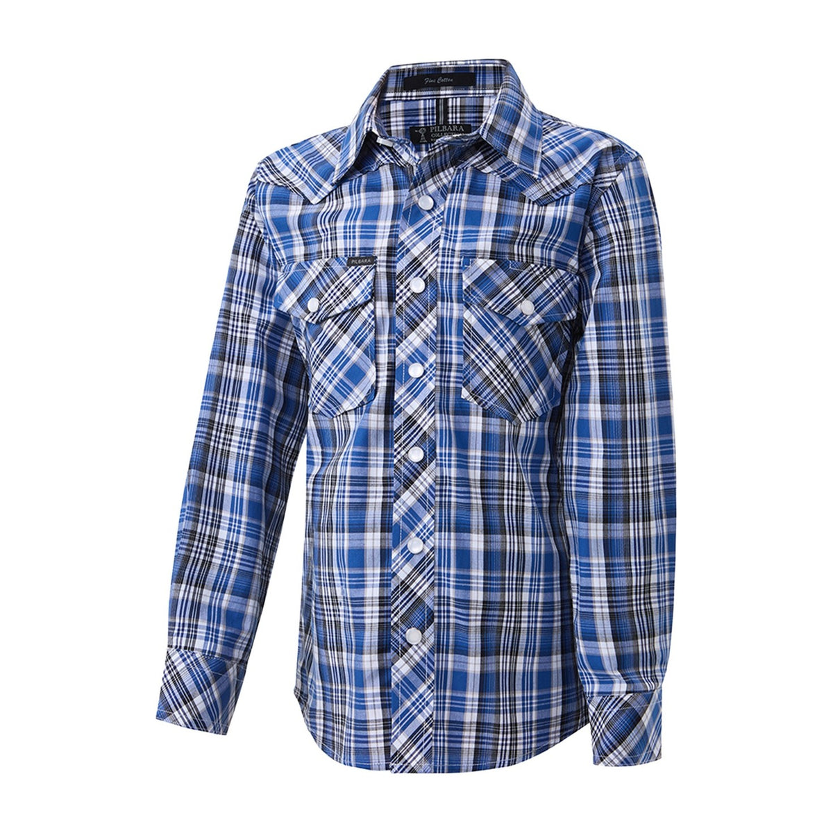Pilbara Western Kids Snap Button Long Sleeve Shirt RMPW010 in Blue/Black/White