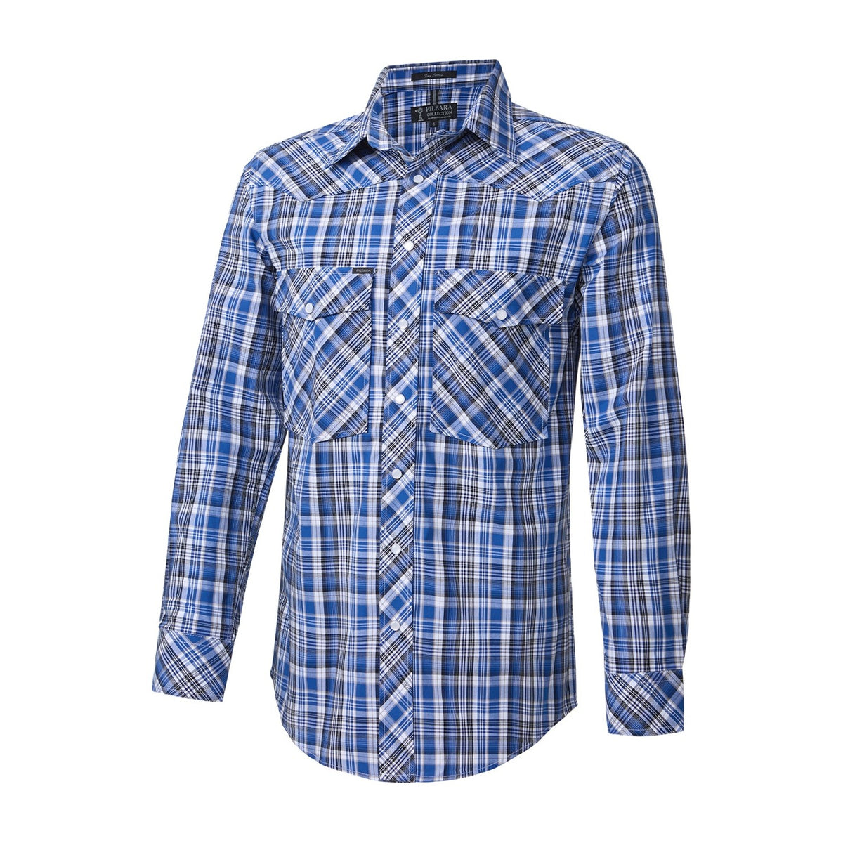 Pilbara Western Mens Snap Button Long Sleeve Shirt RMPW009 in Blue/Black/White