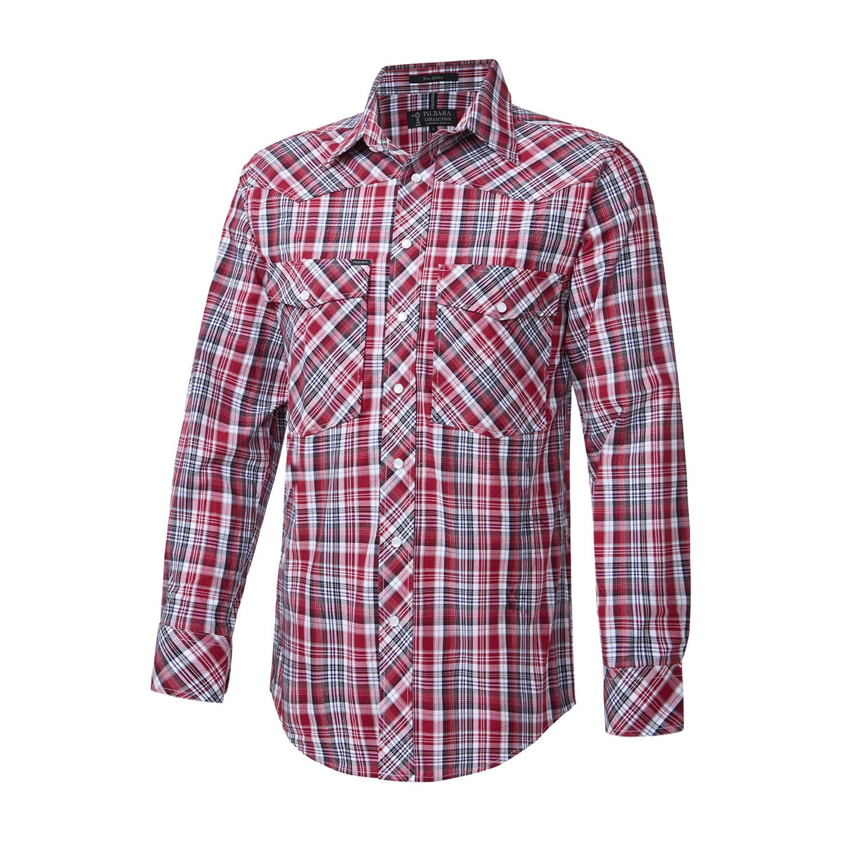 Pilbara Western Mens Snap Button Long Sleeve Shirt RMPW009 in Red/Black/White
