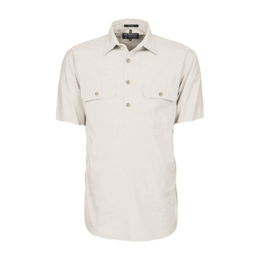 Pilbara Mens Closed Front Short Sleeve Shirt RM200CFS in Stone