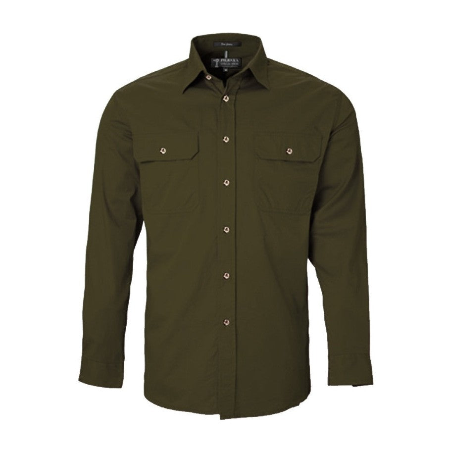 Pilbara Mens Open Front Long Sleeve Shirt RM500BT in Olive