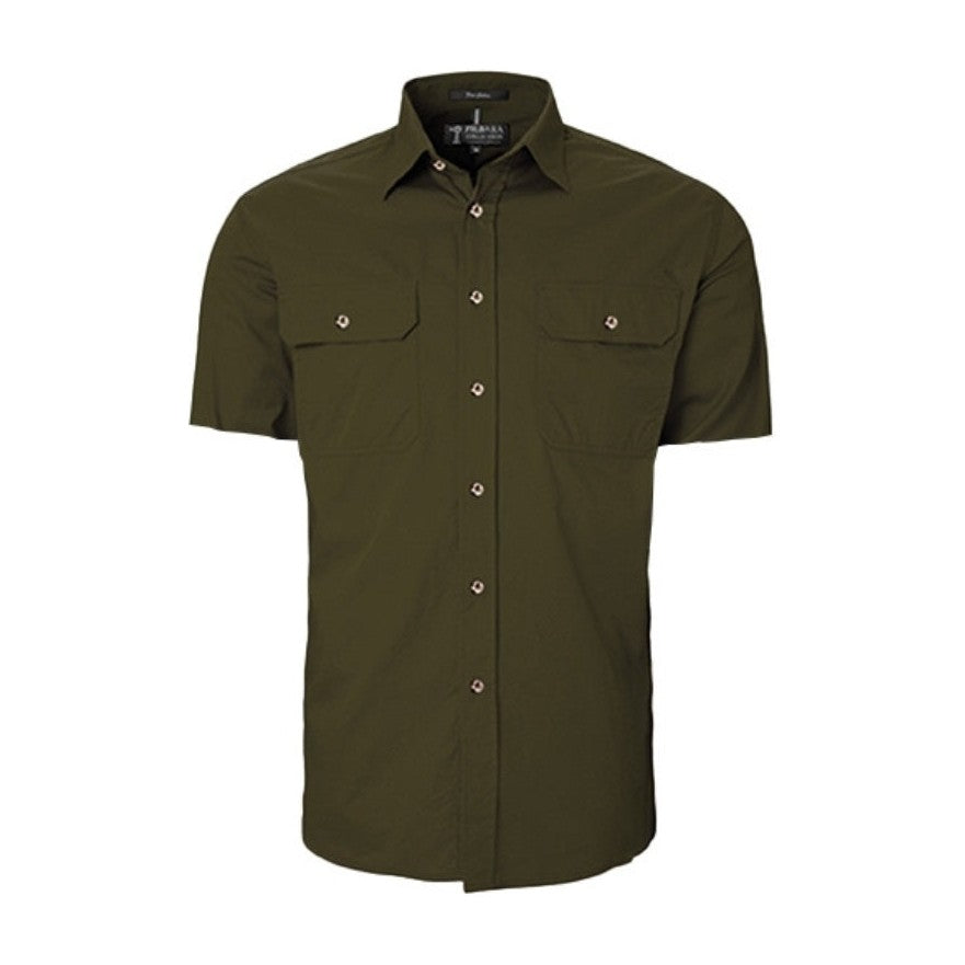 Pilbara Mens Open Front Short Sleeve Shirt RM500BTS in Olive