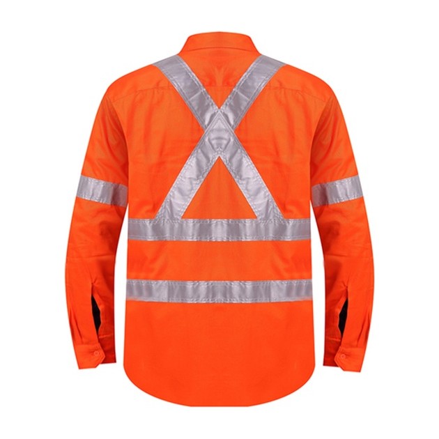 Ritemate Open Front Long Sleeve Shirt 50MM Reflective Tape "X" Design RM106XR in Orange, back view