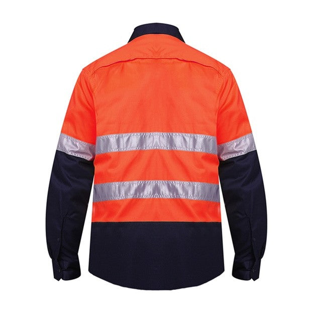 Ritemate Vented Open Front Light Weight Long Sleeve Shirt 50MM Reflective Tape RM107V2R in Orange/Navy, back view