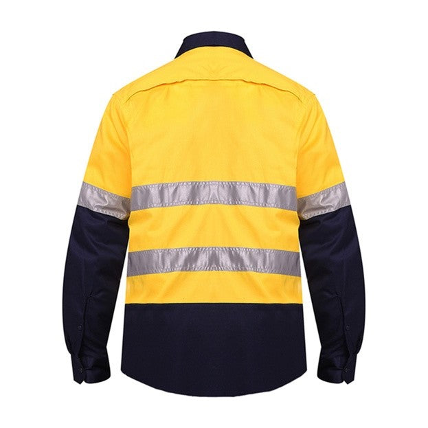 Ritemate Vented Open Front Light Weight Long Sleeve Shirt 50MM Reflective Tape RM107V2R in Yellow/Navy, back view
