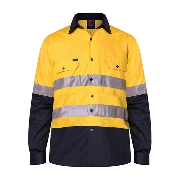 Ritemate Vented Open Front Light Weight Long Sleeve Shirt 50MM Reflective Tape RM107V2R in Yellow/Navy