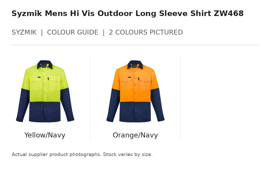 Syzmik Mens Hi Vis Outdoor Long Sleeve Shirt ZW468 visual colour guide showing 2 garment colours with names