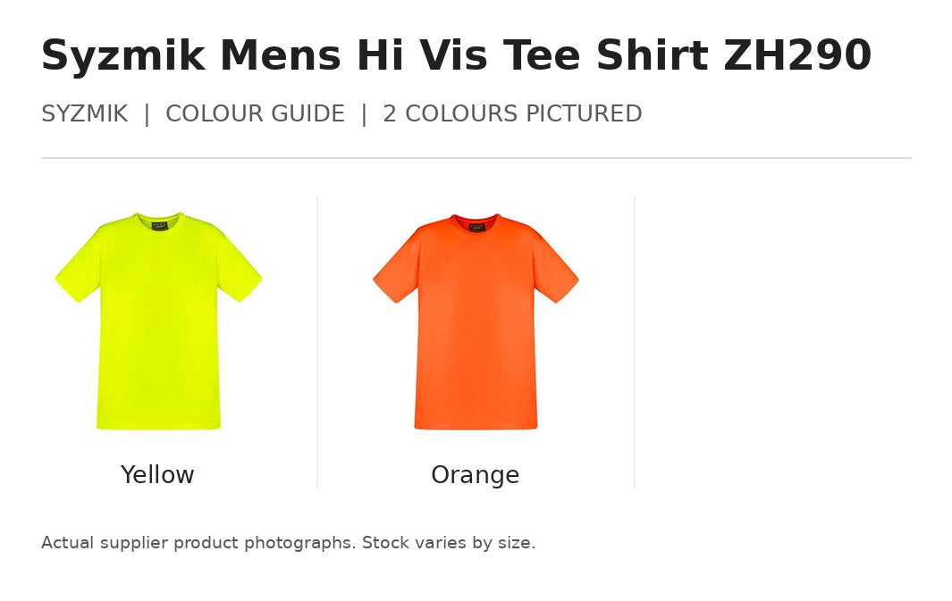 Syzmik Mens Hi Vis Tee Shirt ZH290 visual colour guide showing 2 garment colours with names