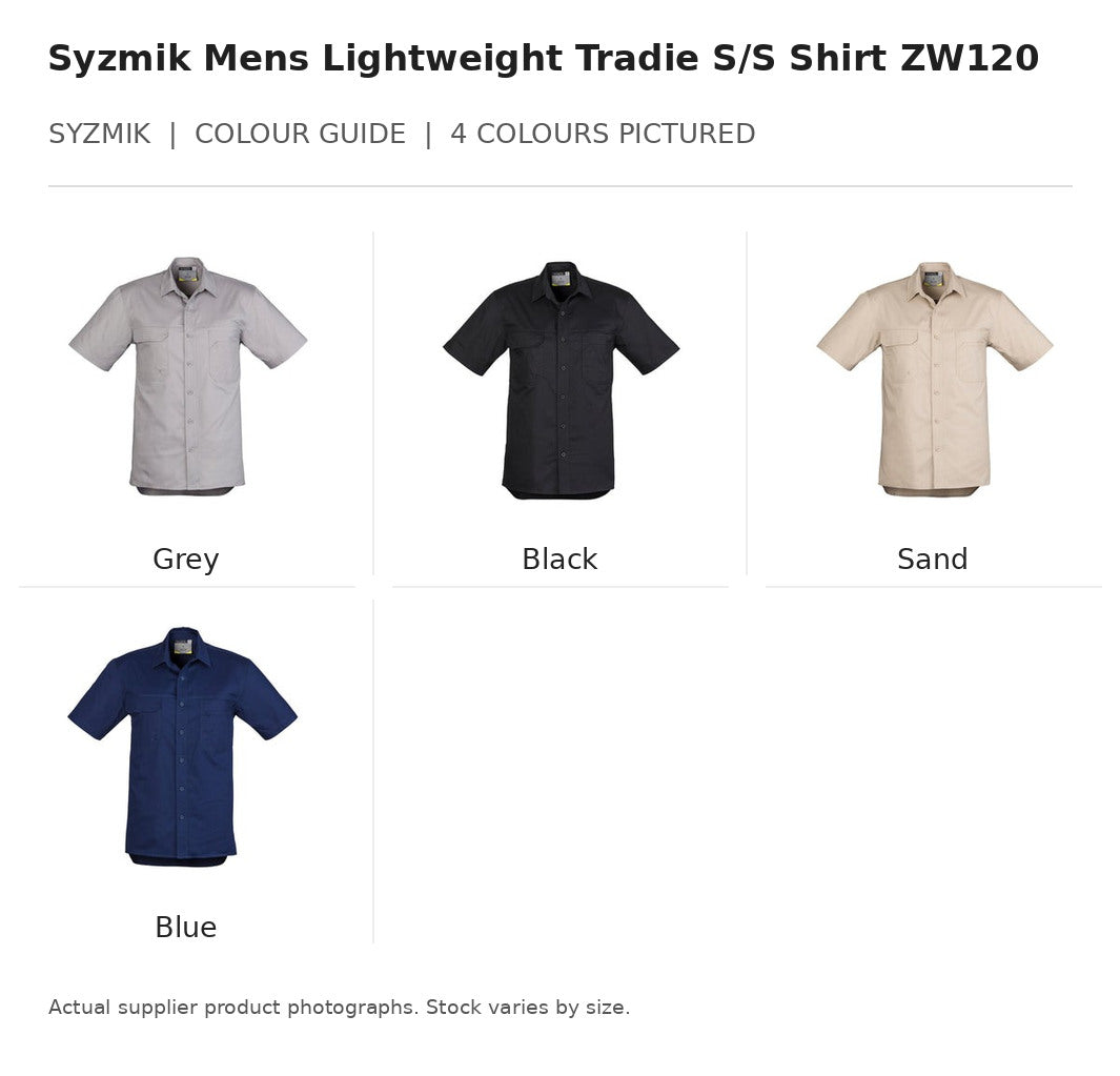 Syzmik Mens Lightweight Tradie S/S Shirt ZW120 visual colour guide showing 4 garment colours with names