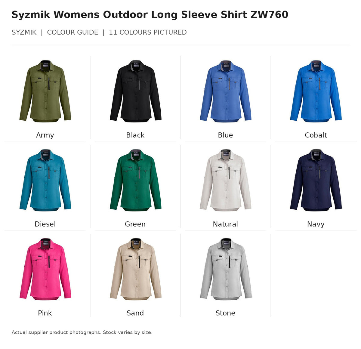 Syzmik Womens Outdoor Long Sleeve Shirt ZW760 visual colour guide showing 11 garment colours with names