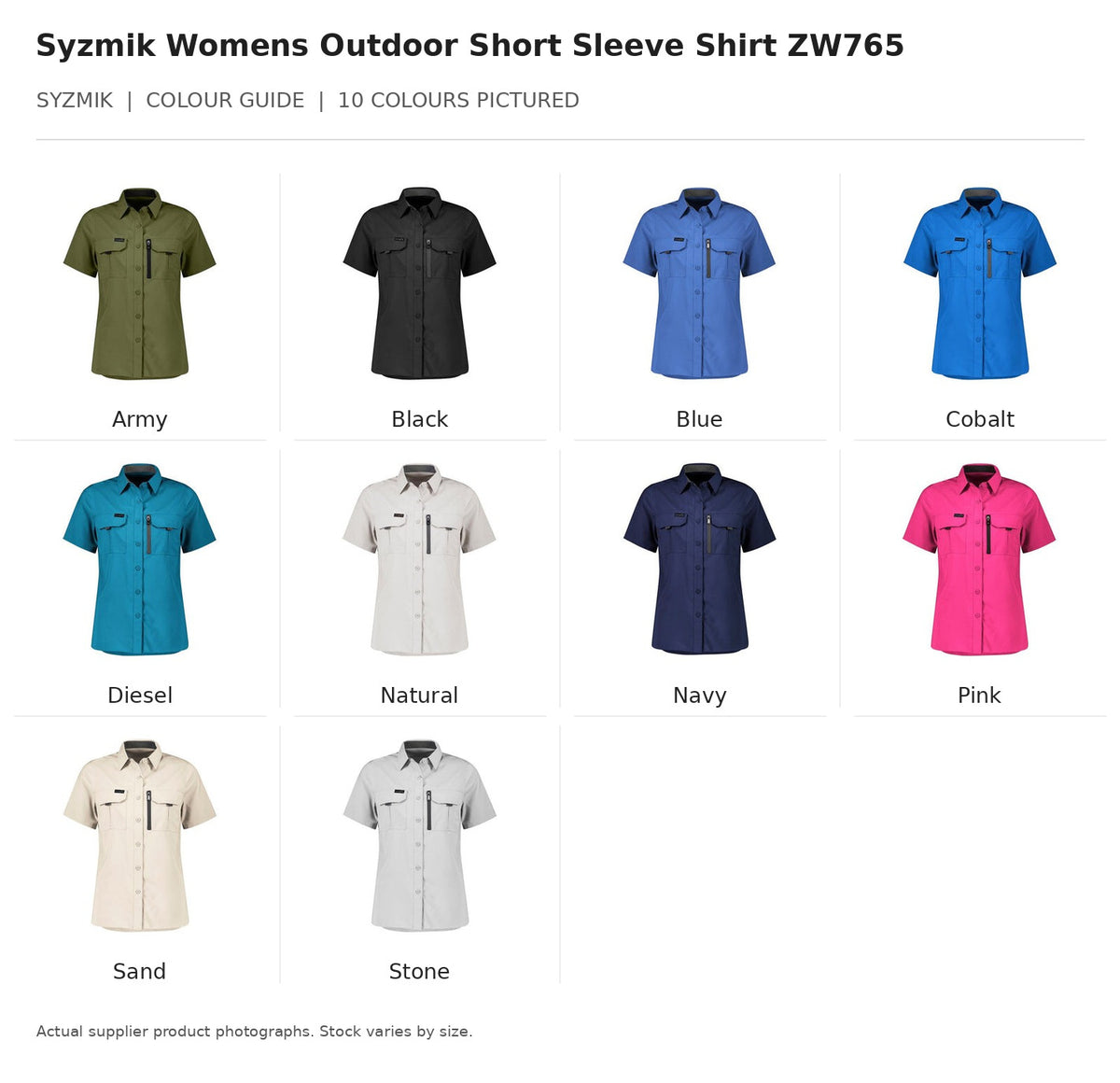 Syzmik Womens Outdoor Short Sleeve Shirt ZW765 visual colour guide showing 10 garment colours with names