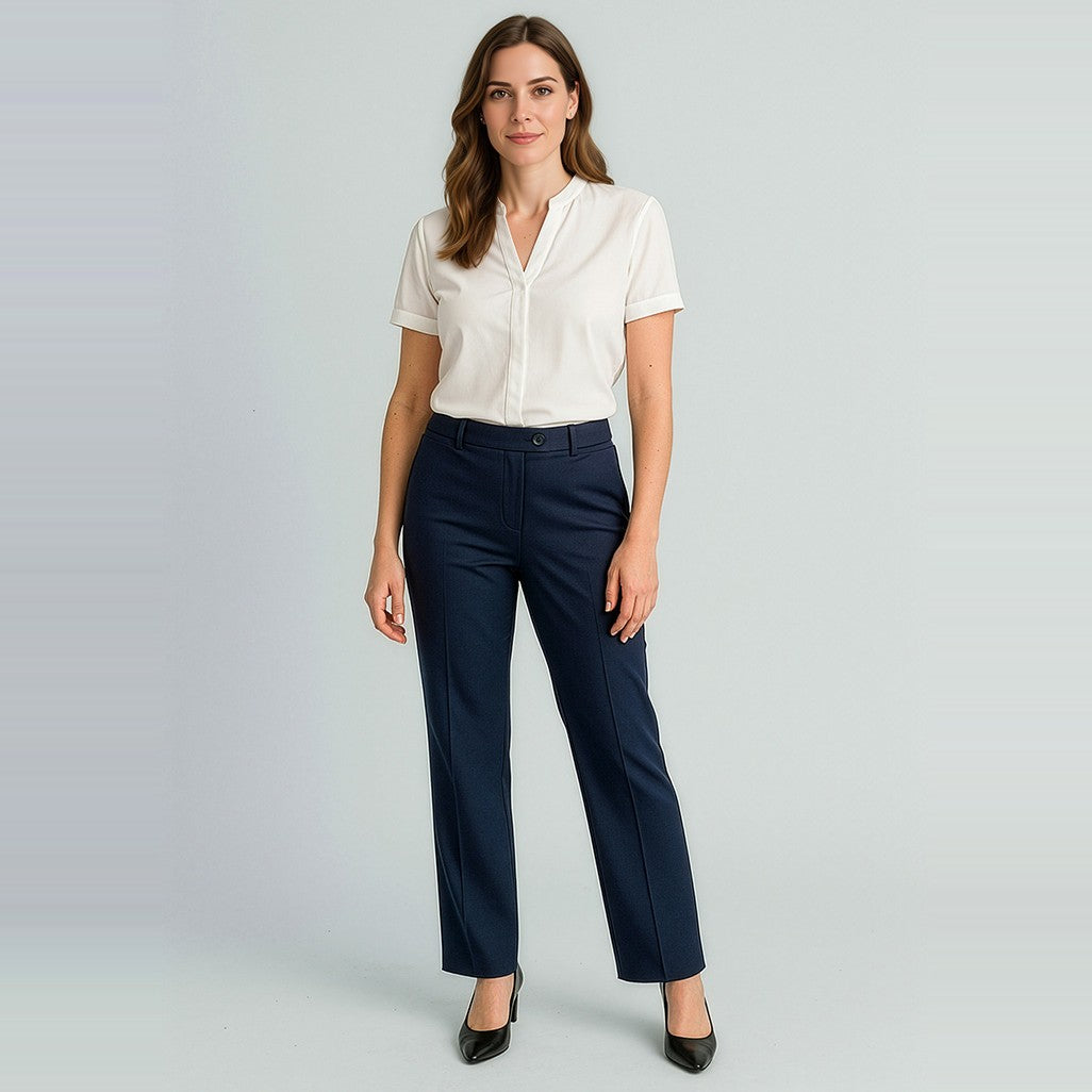 Biz Corporates Cool Stretch Womens Relaxed Pant 10111 in Navy, worn by model