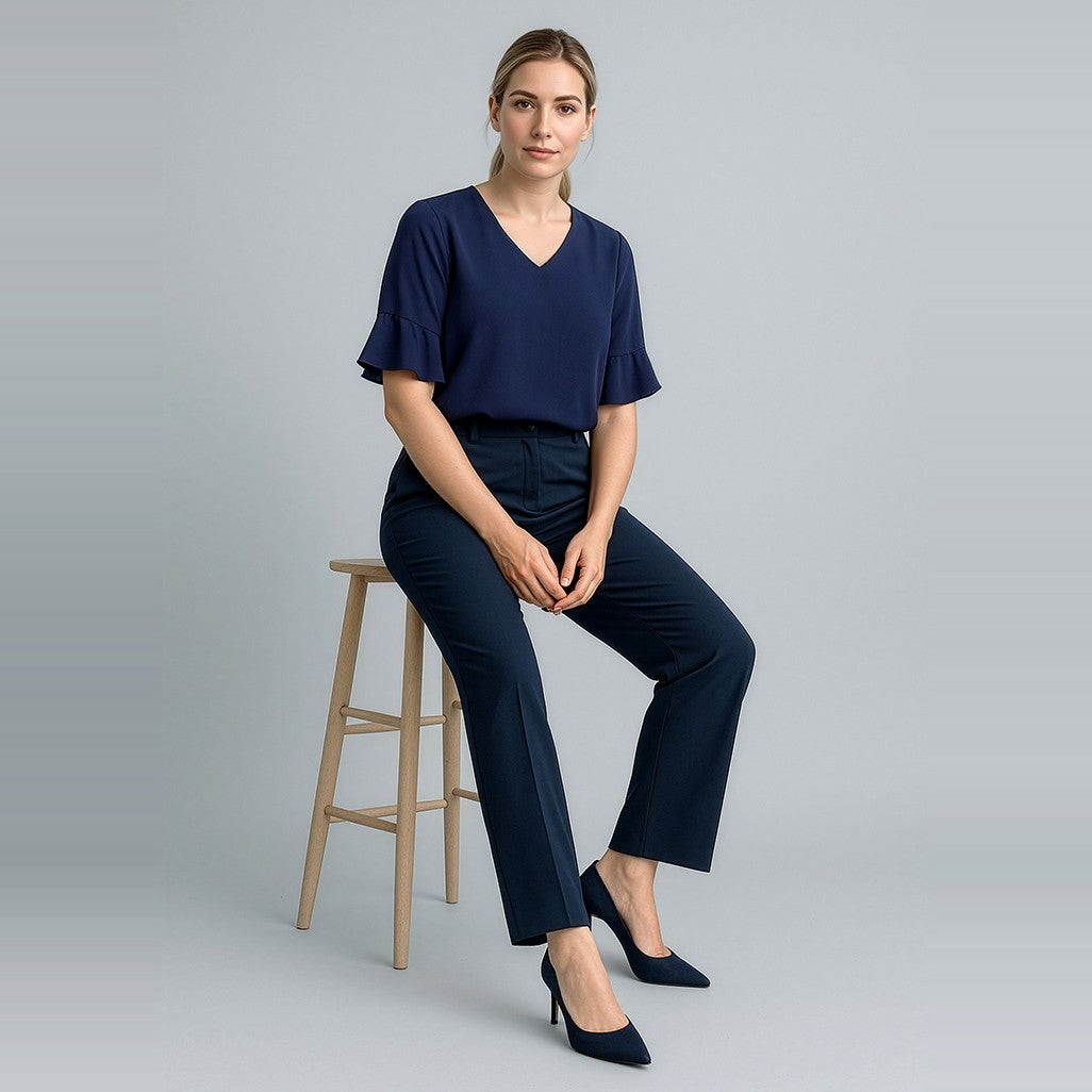 Biz Corporates Cool Stretch Womens Adjustable Waist Pant 10115 in Navy, worn by model