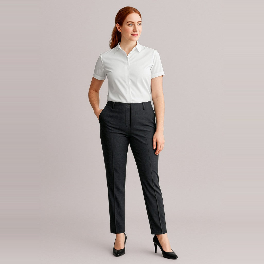 Biz Corporates Siena Womens Bandless Elastic Waist Pant 10722 in Black, worn by model
