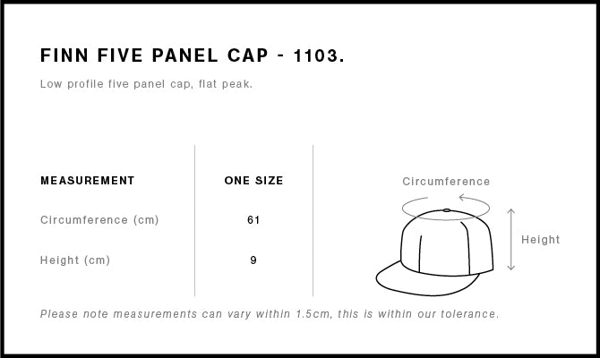 AS Colour Finn Five Panel Cap 1103 size guide