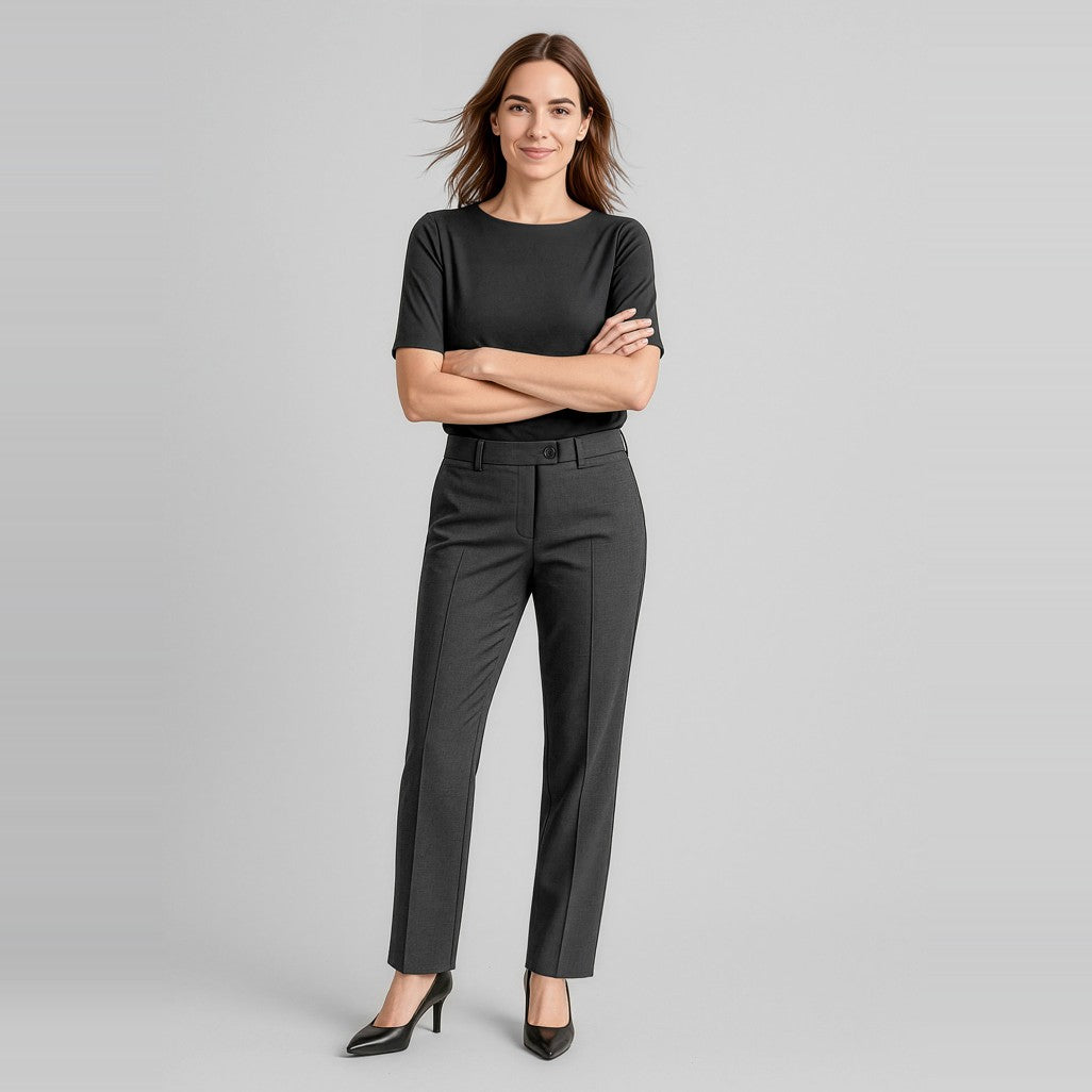 Biz Corporates Comfort Wool Stretch Womens Relaxed Pant 14011 in Charcoal, worn by model