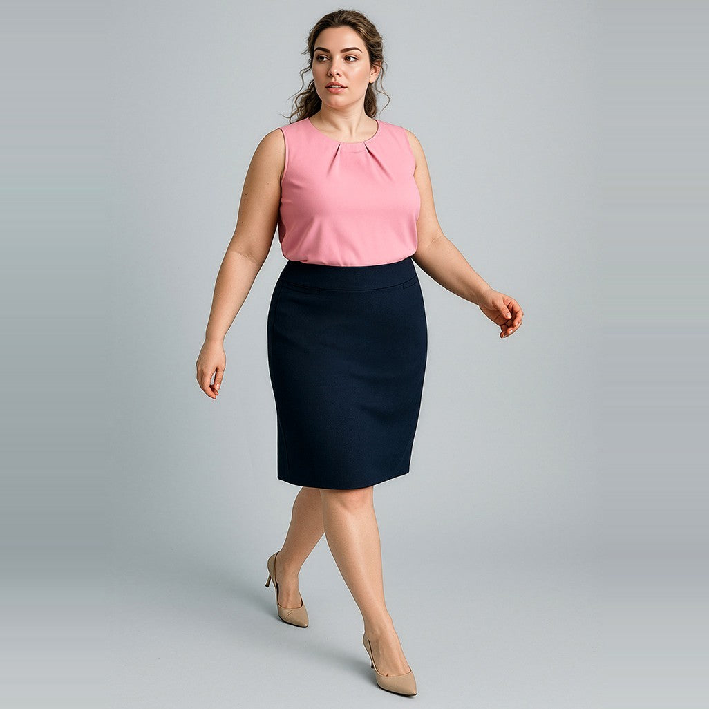 Biz Corporates Cool Stretch Womens Relaxed Fit Lined Skirt 20111 in Navy, worn by model