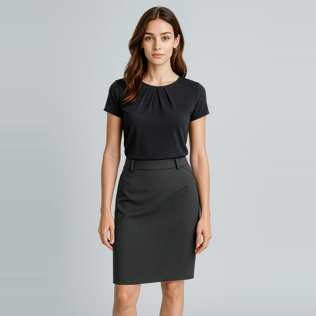 Biz Corporates Cool Stretch Womens Multi-Pleat Skirt 20115 in Charcoal, worn by model