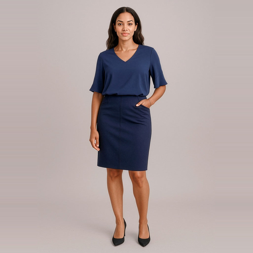 Biz Corporates Siena Womens Bandless Pencil Skirt 20717 in Marine, worn by model