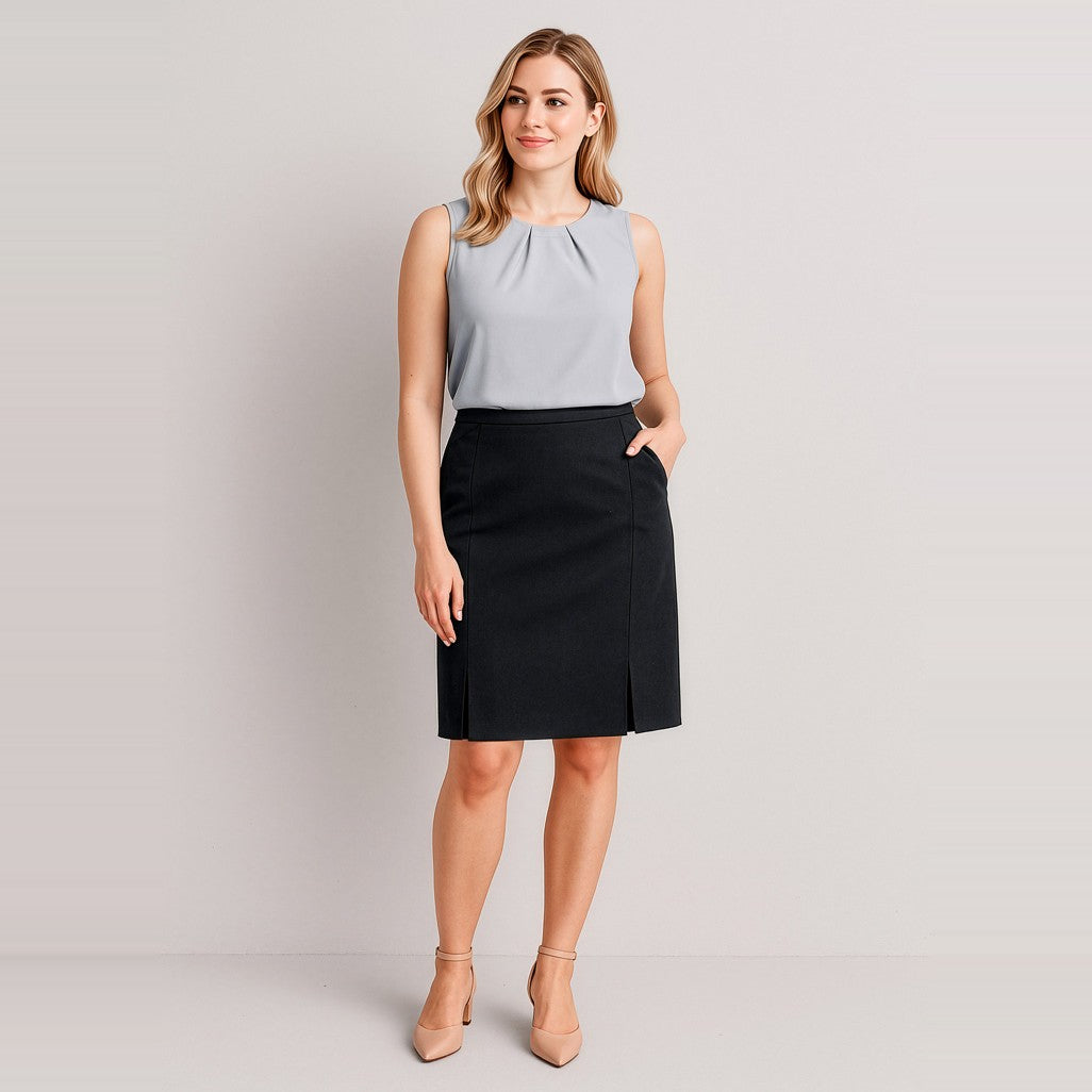 Biz Corporates Siena Womens Front Pleat Detail Straight Skirt 20720 in Black, worn by model