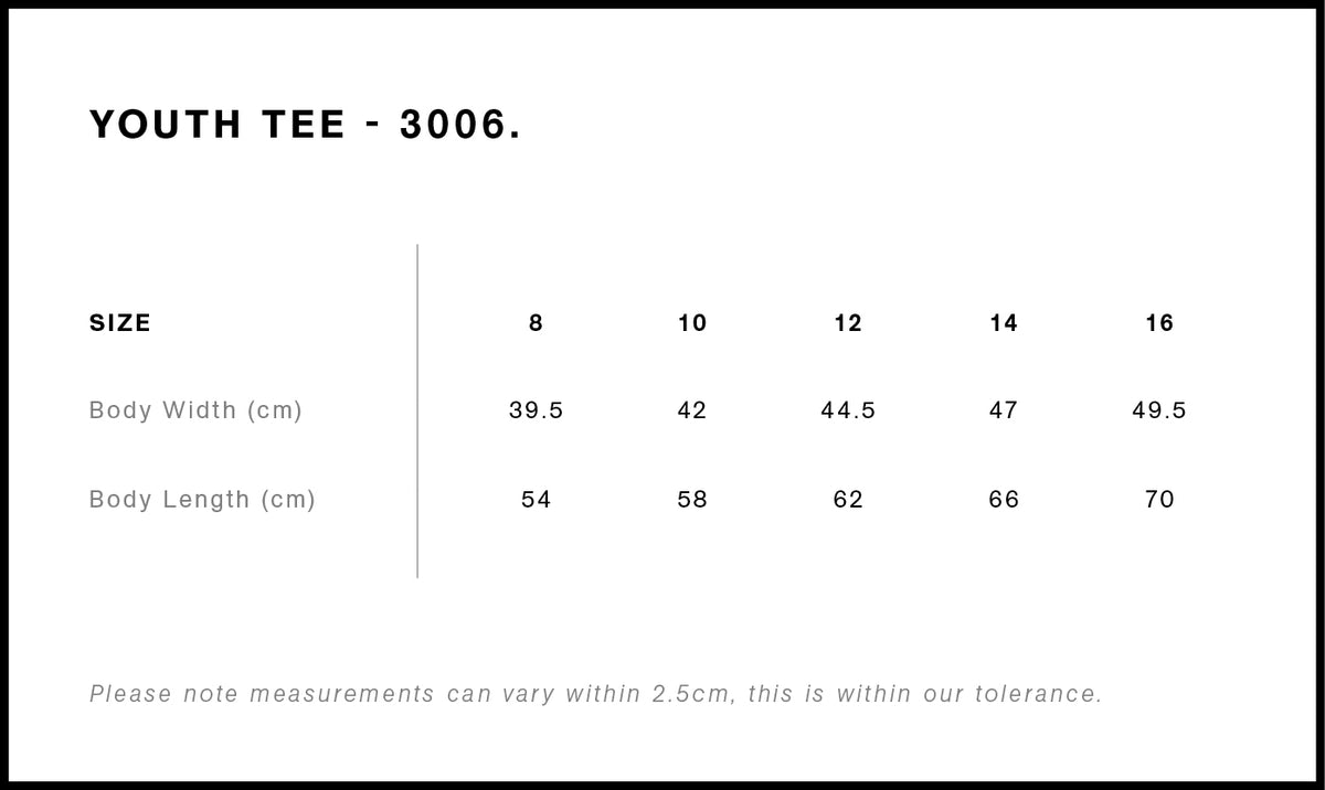 AS Colour Youth Staple Tee 3006 size guide