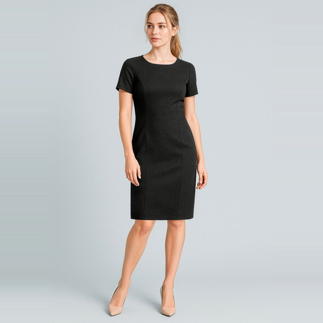 Biz Corporates Cool Stretch Womens Short Sleeve Shift Dress 30112 in Black, worn by model