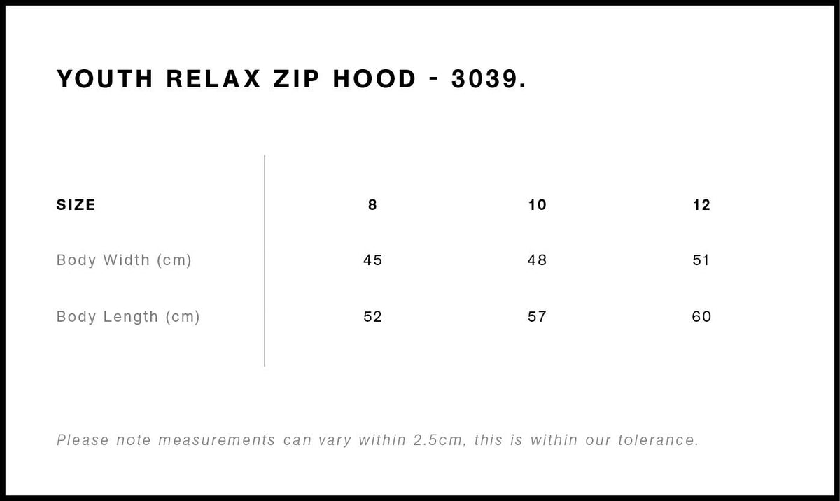AS Colour Youth Relax Zip Hood 3039 size guide