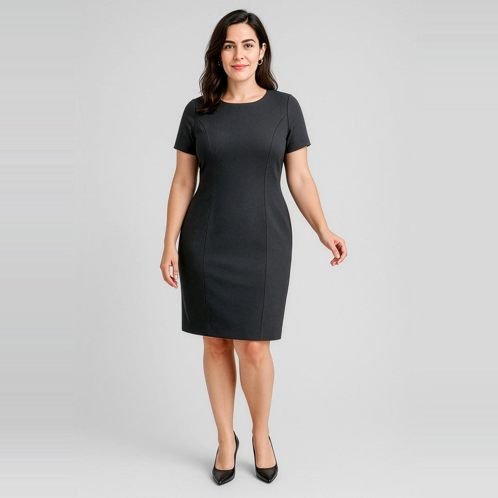 Biz Corporates Comfort Wool Stretch Womens Short Sleeve Shift Dress 34012 in Black, worn by model