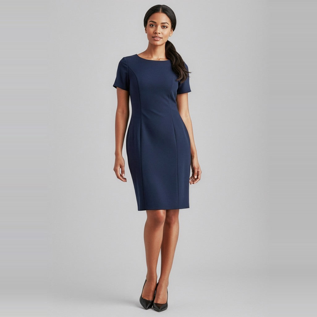 Biz Corporates Comfort Wool Stretch Womens Short Sleeve Shift Dress 34012 in Navy, worn by model