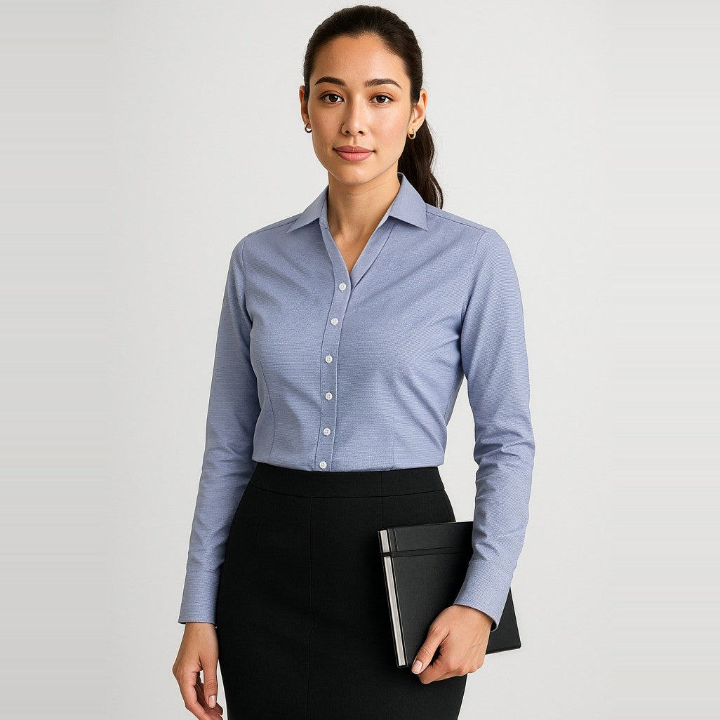 Biz Corporates Hudson Womens Long Sleeve Shirt 40310 in Patriot Blue, worn by model