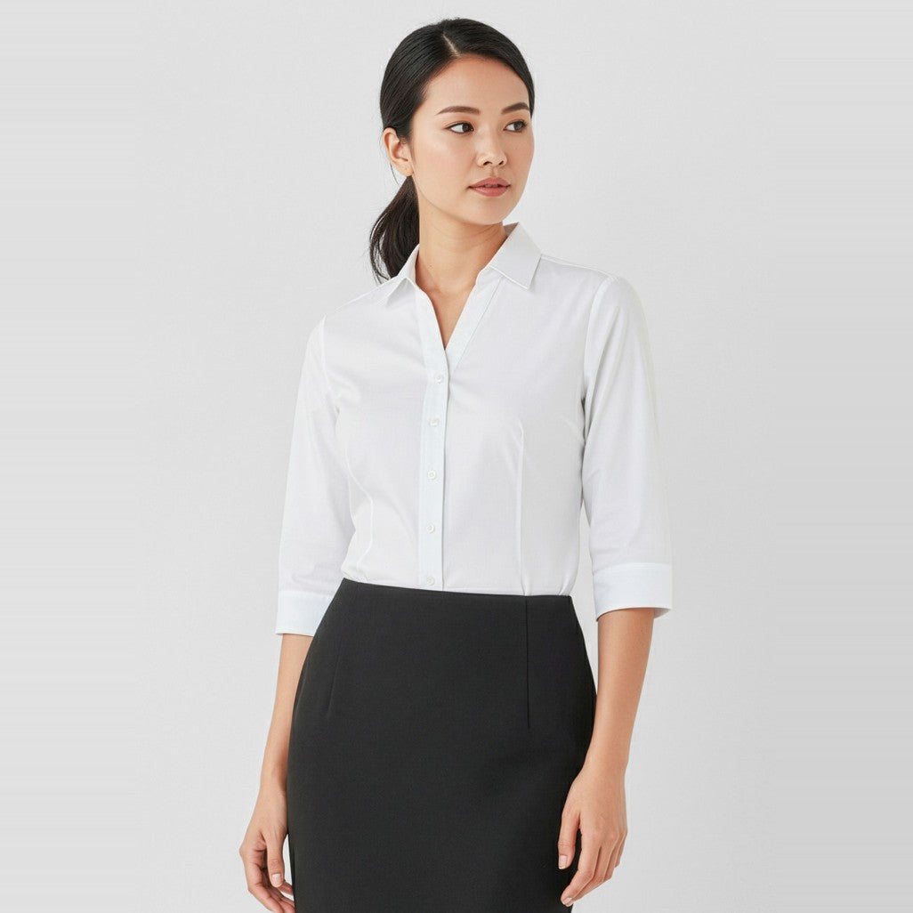 Biz Corporates Hudson Womens 3/4 Sleeve Shirt 40311 in White, worn by model