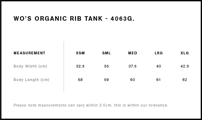 AS Colour Womens Organic Rib Tank 4063G size guide