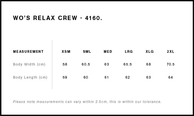 AS Colour Womens Relax Crew 4160 size guide