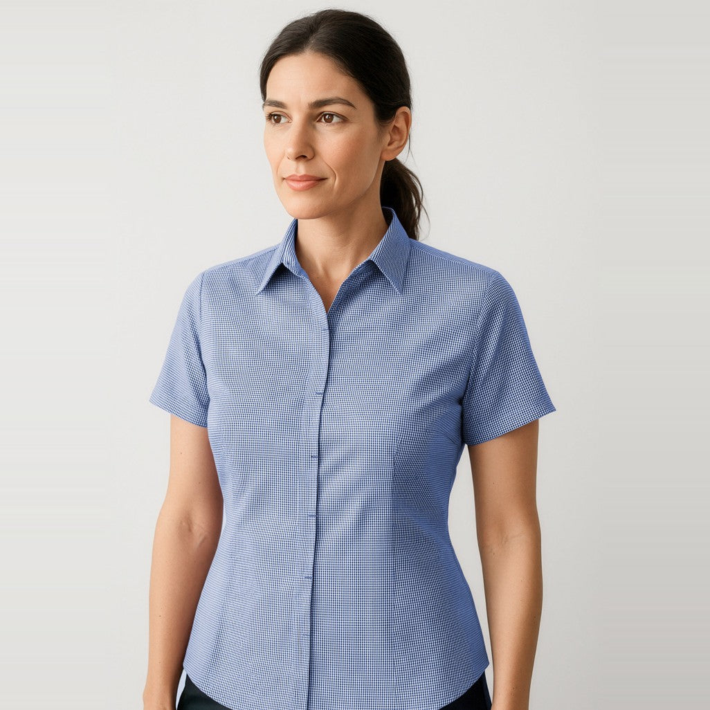Biz Corporates Newport Womens Short Sleeve Shirt 42512 in French Navy, worn by model