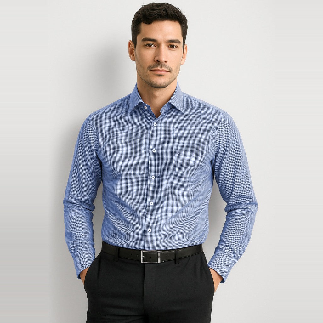 Biz Corporates Newport Mens Long Sleeve Shirt 42520 in French Navy, worn by model