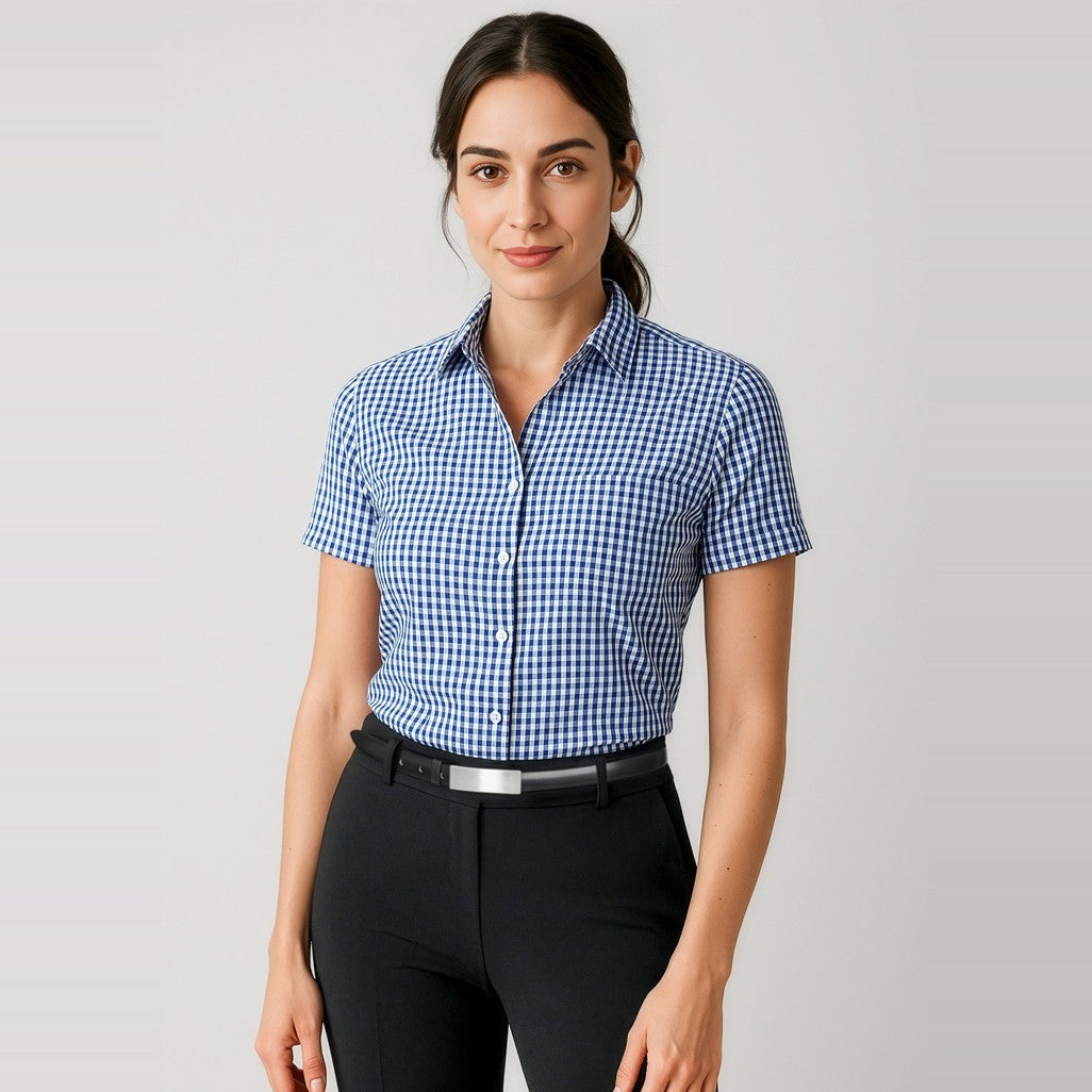 Biz Corporates Springfield Womens Short Sleeve Shirt 43412 in French Navy, worn by model