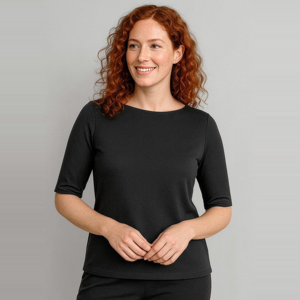 Biz Corporates Camille Womens Short Sleeve T-Top 44113 in Black, worn by model