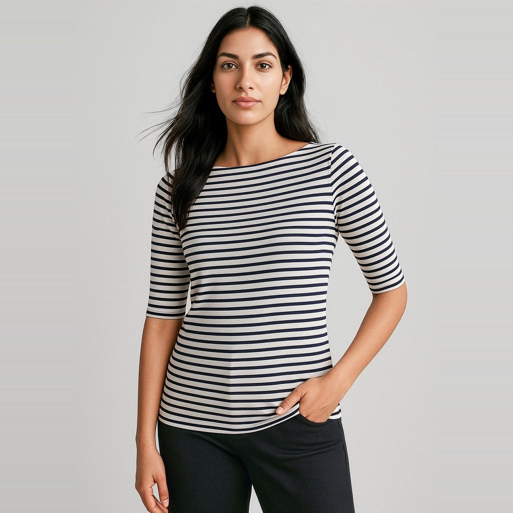 Biz Corporates Camille Womens Short Sleeve T-Top 44113 in Dark Navy/Ivory, worn by model