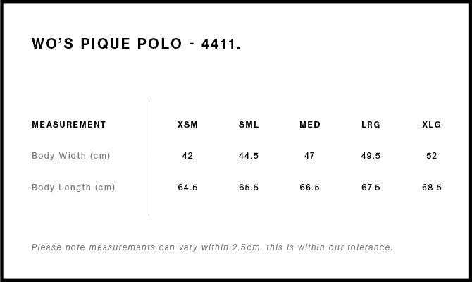 AS Colour Womens Pique Polo 4411 size guide