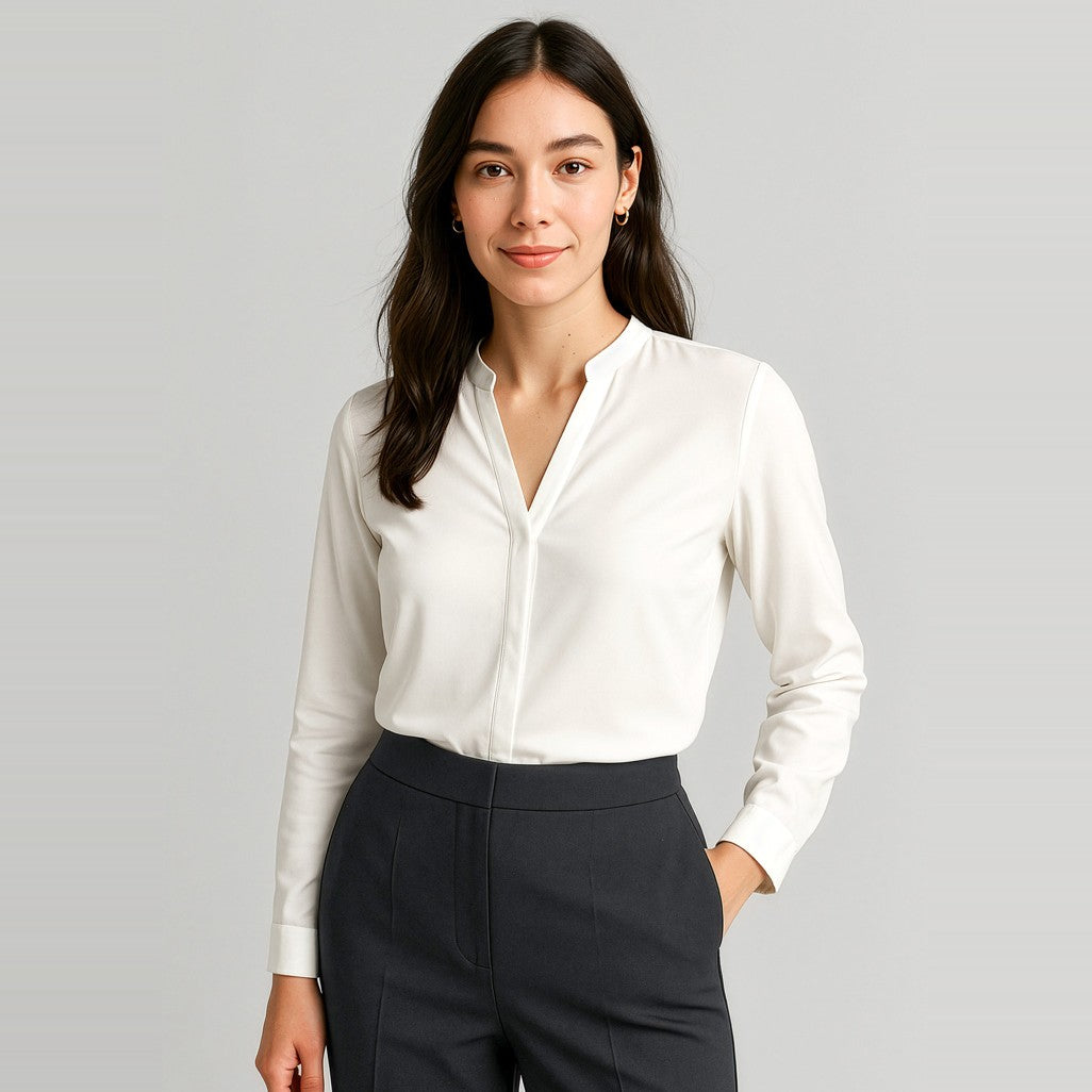 Biz Corporates Juliette Womens Long Sleeve Blouse 44210 in Ivory, worn by model