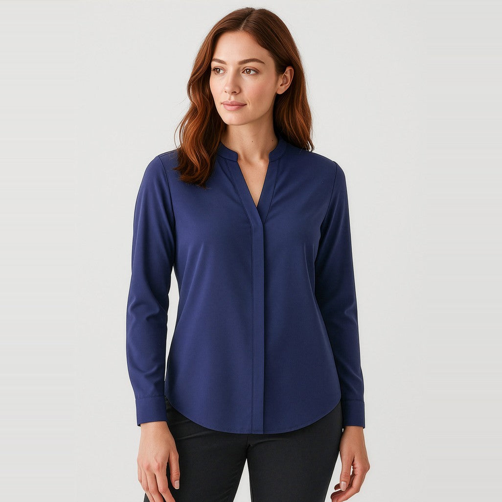 Biz Corporates Juliette Womens Long Sleeve Blouse 44210 in Navy, worn by model
