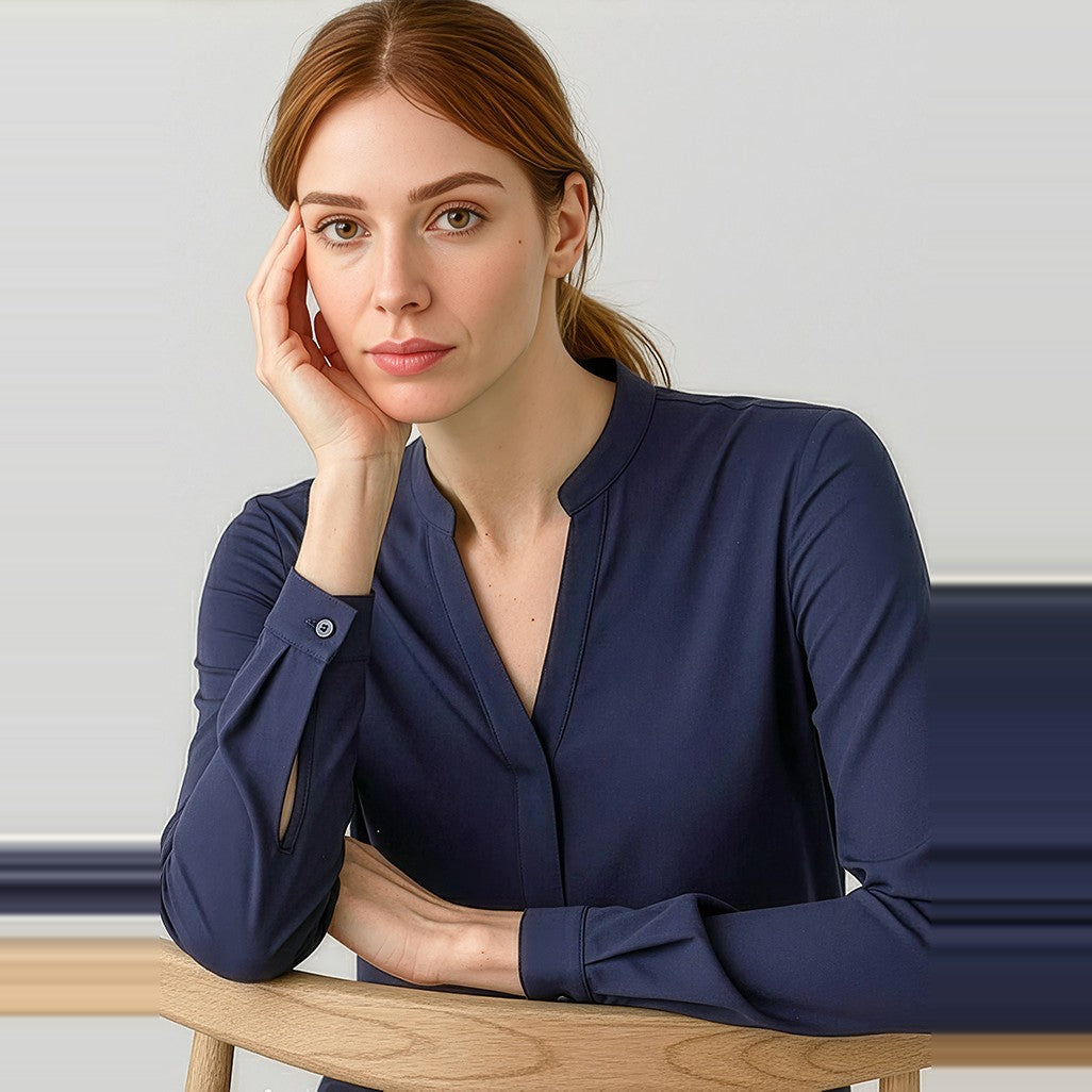 Biz Corporates Juliette Womens Long Sleeve Blouse 44210 in Navy, worn by model, view 2