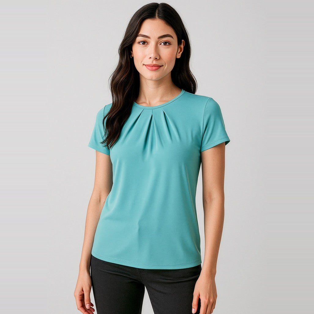 Biz Corporates Blaise Womens Short Sleeve Top 44412 in Aqua, worn by model