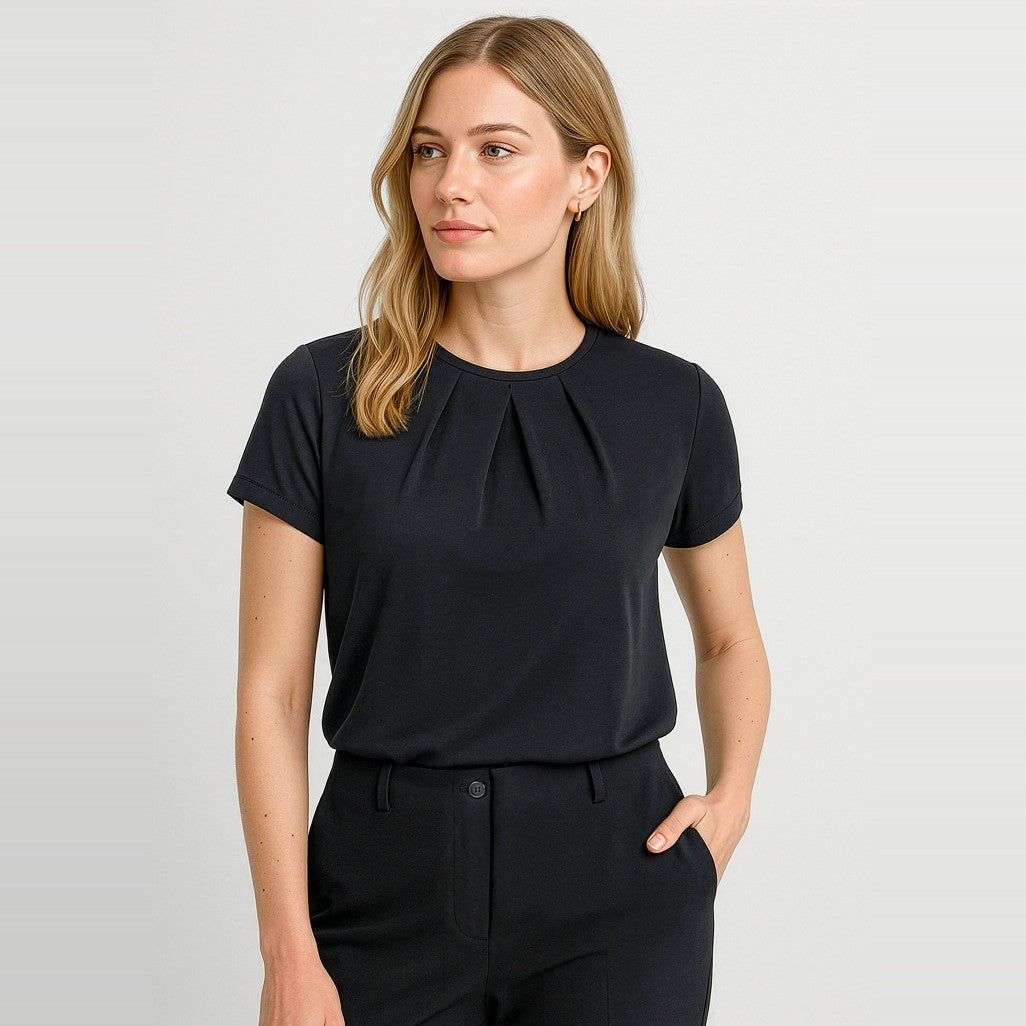 Biz Corporates Blaise Womens Short Sleeve Top 44412 in Black, worn by model