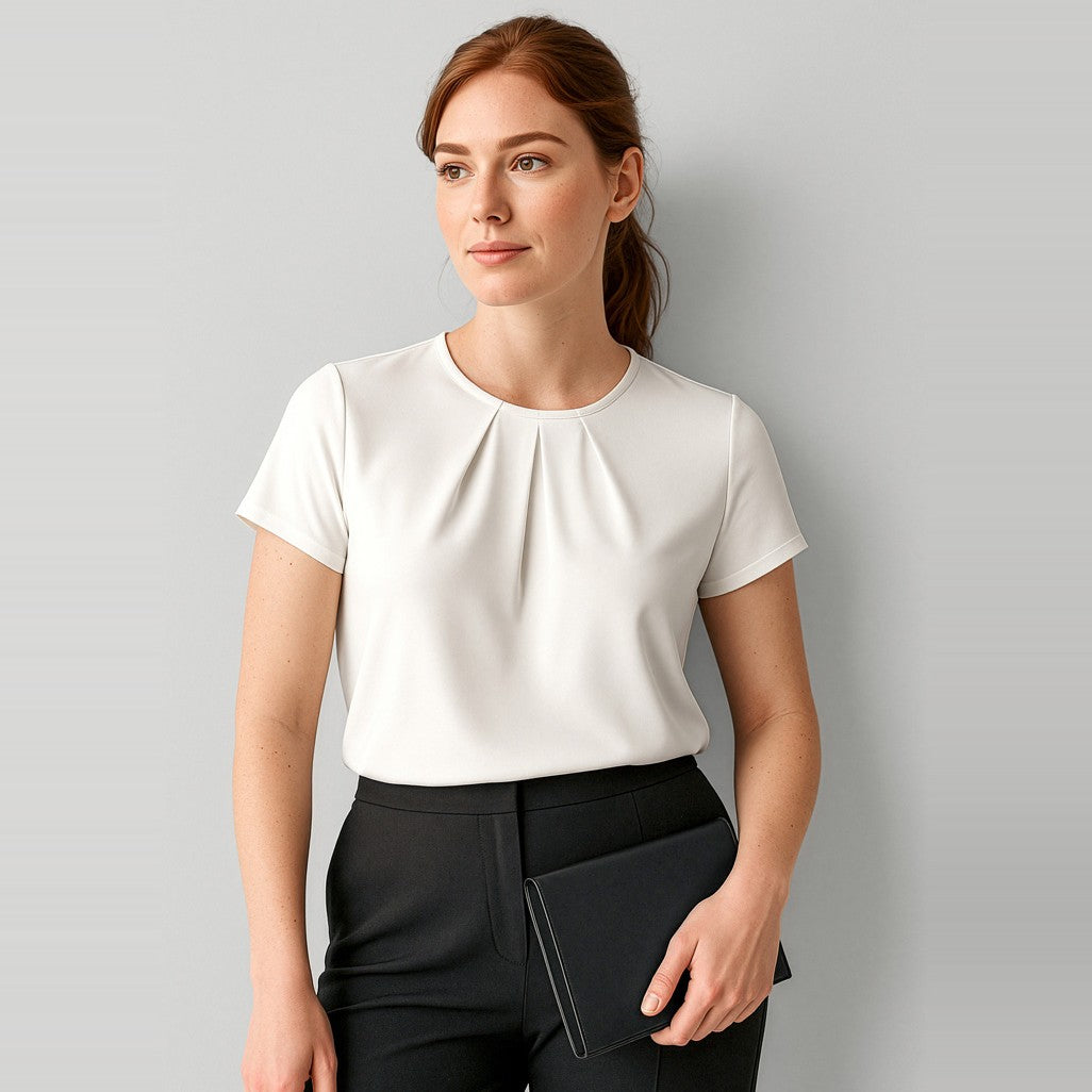 Biz Corporates Blaise Womens Short Sleeve Top 44412 in Ivory, worn by model