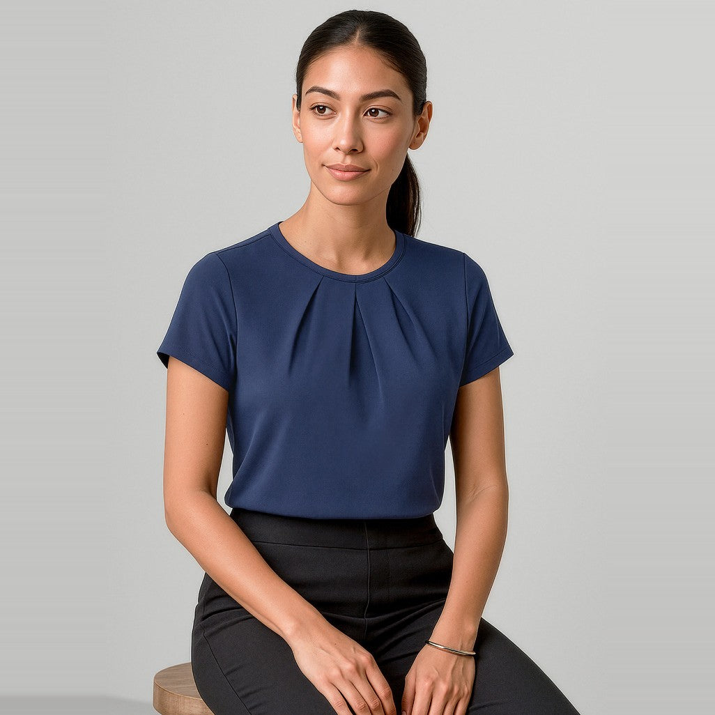 Biz Corporates Blaise Womens Short Sleeve Top 44412 in Navy, worn by model